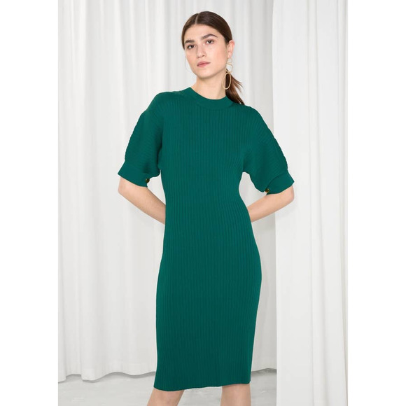 & Other Stories Dresses & Skirts - & Other Stories Fitted Rib Knit Dress Puff Short Sleeve Knit Midi Green